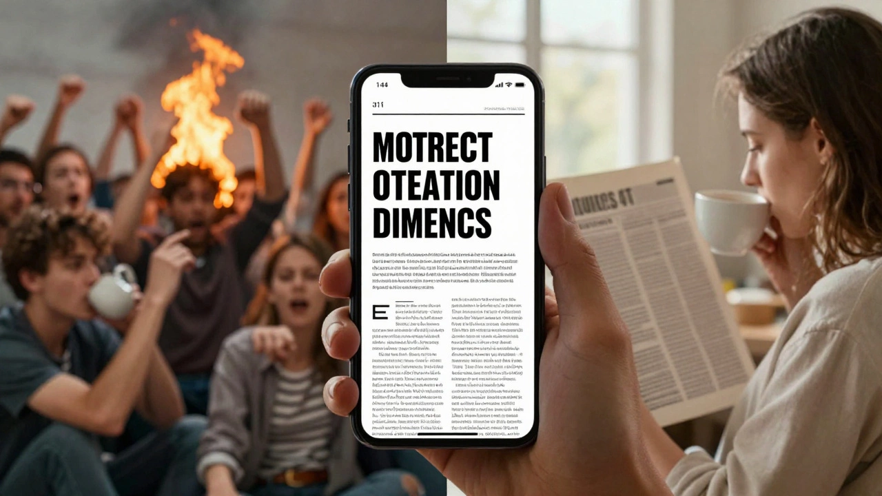 A hand hovering over a phone showing sensational news, contrasted with a calm person reading a verified article in daylight.