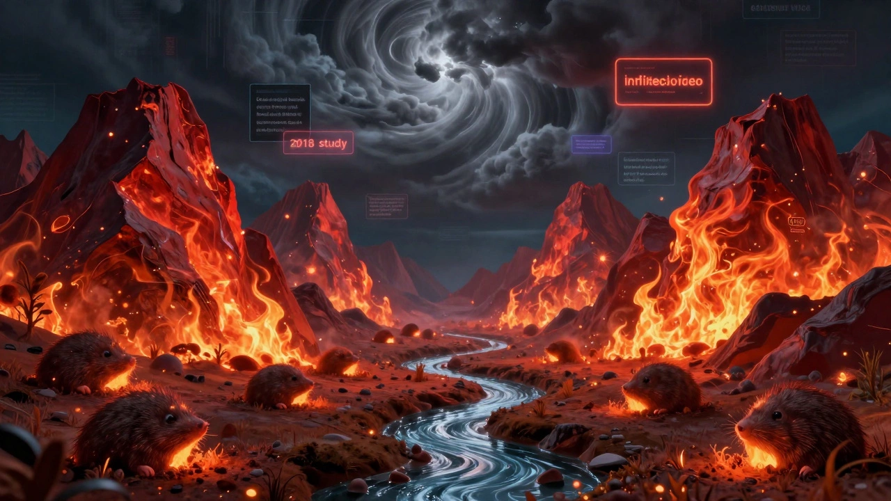 Abstract digital mountains rising from tiny molehills, with algorithms swirling above and a quiet stream of facts below.