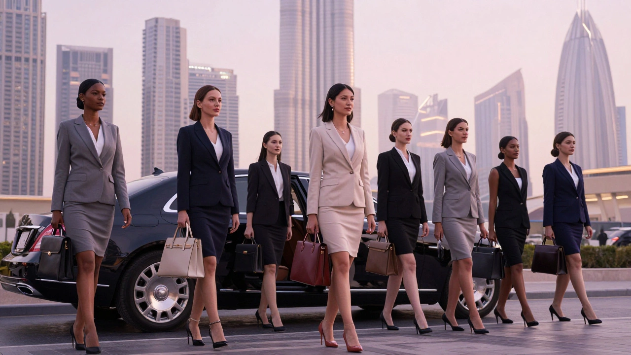 Diverse female professionals boarding a luxury car outside a Dubai skyscraper at dawn.