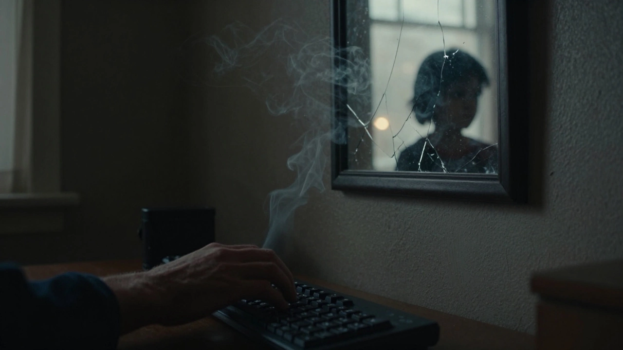 Hand hovering over keyboard, reflection of a fading child&#039;s silhouette in a cracked mirror.