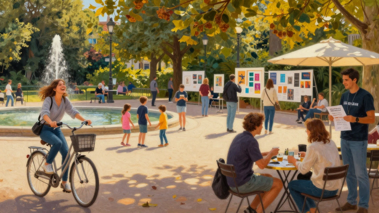 Sunlit Nantes park with people enjoying art, cycling, and children playing safely.